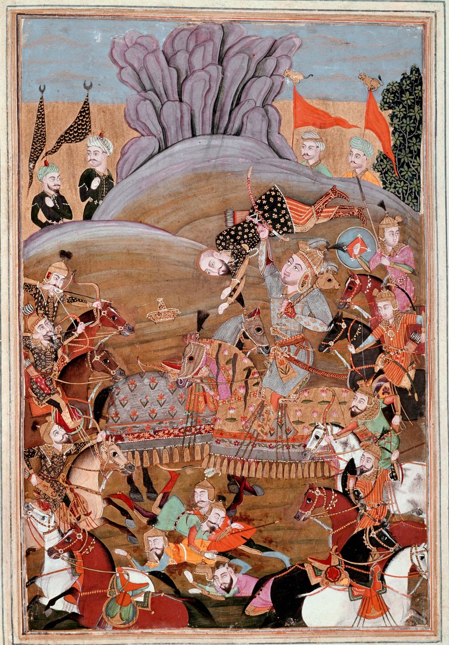 Arte islâmica: "A primeira luta de Rustam contra Afrasiab" miniatura persa de um manuscrito do poema épico "Shahnameh" (Shah Nama, Shahnama) (Livro dos Reis) de Ferdowsi (Firdawsi, ou Ferdawsi, ou Firdousi, ca. 940-around 1020) (ms. 607) Chantilly, Mu de Islamic School
