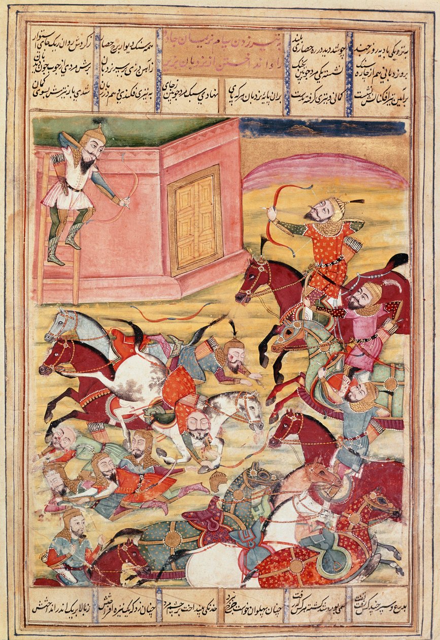 Arte islâmica: "Sam decoca uma flecha para defender um castelo encantador" miniatura persa de um manuscrito do poema épico "Shahnameh" (Shah Nama, Shahnama) (Livro dos Reis) de Ferdowsi (Firdawsi, ou Ferdawsi, ou Firdousi, ca. 940-around 1020) (ms. 607 de Islamic School