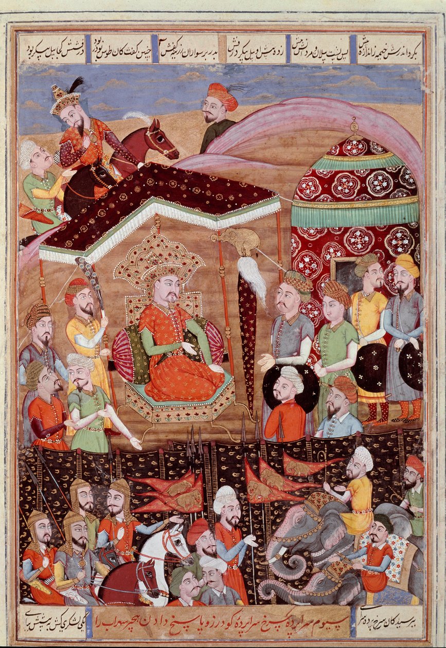 Arte islâmica: "Sohrab (Saharab) olha a tenda negra dos líderes do exército persa" miniatura persa de um manuscrito do poema épico "Shahnameh" (Shah Nama, Shahnama) (Livro dos Reis) de Ferdowsi (Firdawsi, ou Ferdawsi, ou Firdousi, ca. 6 de Islamic School