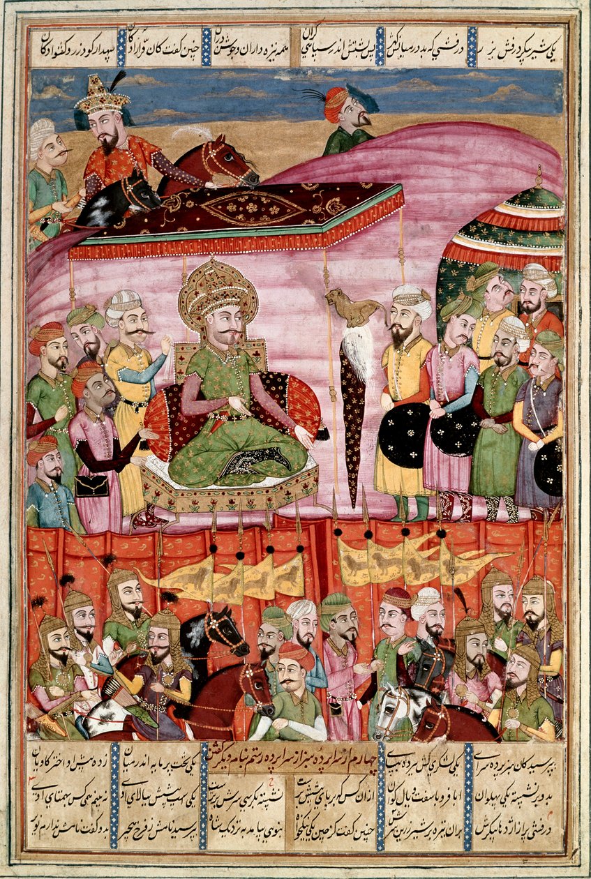 Arte islâmica: "Sohrab (Saharab) está na tenda de Roustam" miniatura persa de um manuscrito do poema épico "Shahnameh" (Shah Nama, Shahnama) (Livro dos Reis) de Ferdowsi (Firdawsi, ou Ferdawsi, ou Firdousi, ca. 940-around 1020) (ms. 607) Lly, de Islamic School