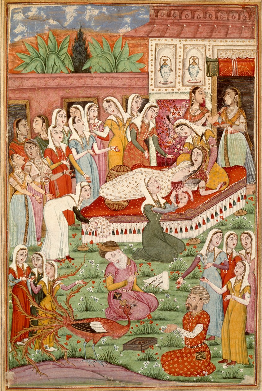 Arte islâmica: "O Nascimento de Cesariana de Roustam" miniatura persa de um manuscrito do poema épico "Shahnameh" (Shah Nama, Shahnama) (Livro dos Reis) de Ferdowsi (Firdawsi, ou Ferdawsi, ou Firdousi, ca. 940-around 1020) (ms. 607) Chantilly, Musee C de Islamic School