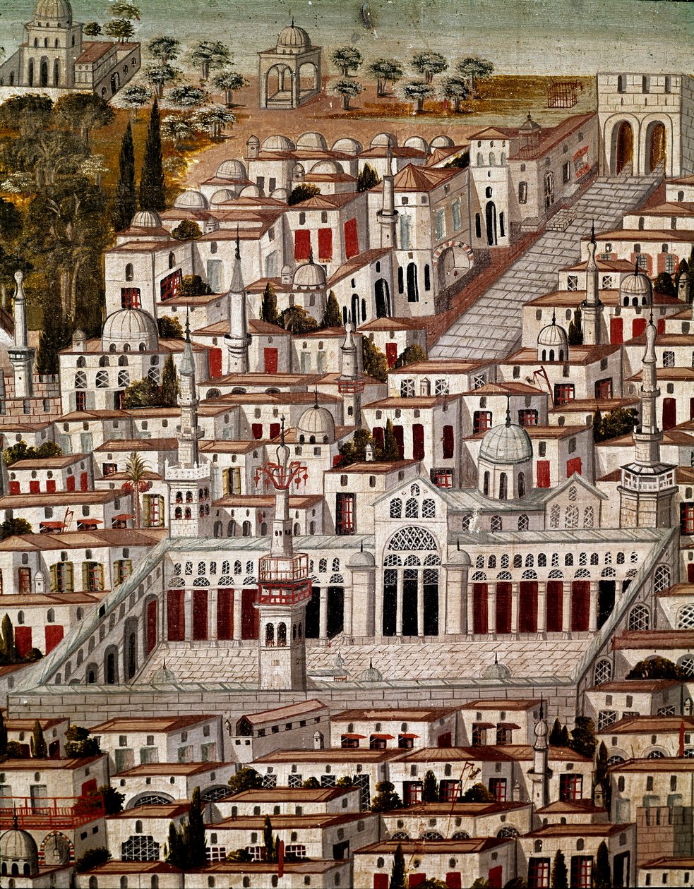 Arte islâmica: Vista de Damasco com A Grande Mesquita dos Omíadas de Damasco (705-715). Pintura síria anônima do século XVII. Síria, Damasco, Palácio Azem ou Azm. de Islamic School