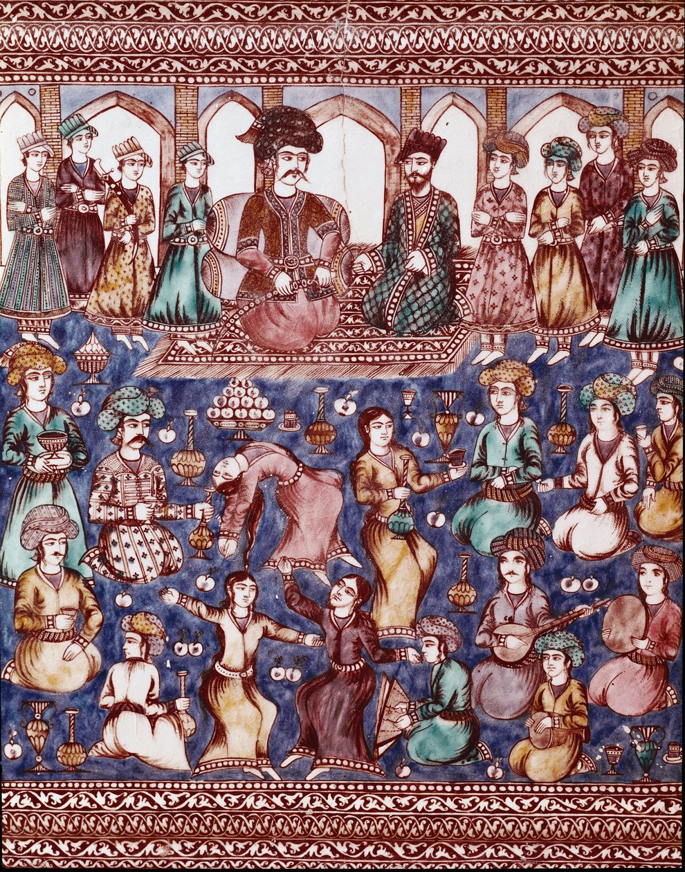 Arte Islâmica: músicos e dançarinos da Corte de Nasser-al-Din (Nasser al-Din ou Nasser al-Din mas também Nassereddin ou Nassiruddin de Islamic School