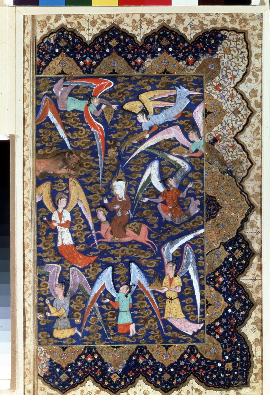 "Profeta Maomé (570-632) (rosto coberto) no Mirac, a sua ascensão ao sétimo céu no seu cavalo Al - Bouraq (Burak) (Al - Buraq) Aguarela em pergaminho. Século XVI. Museu Hermitage, São Petersburgo de Islamic School