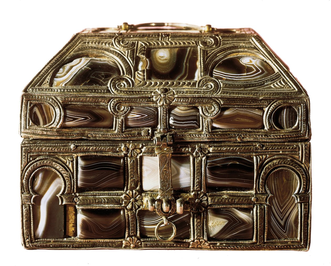 Arte moçárabe: caixa de ágata feita de madeira, ágata e prata. Século XI, da Real Colegiata de San Isidoro. Leon. Museu Arqueológico de Madrid, Espanha. de Islamic School