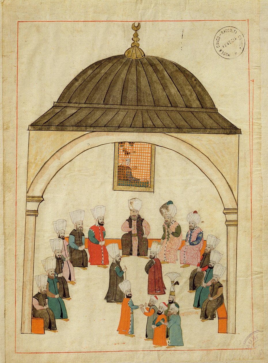 Ms. cicogna 1971, em miniatura da "Memorie Turchesche", representando o Salão Imperial no Palácio Topkapi, Constantinopla, c.1580 de Islamic School