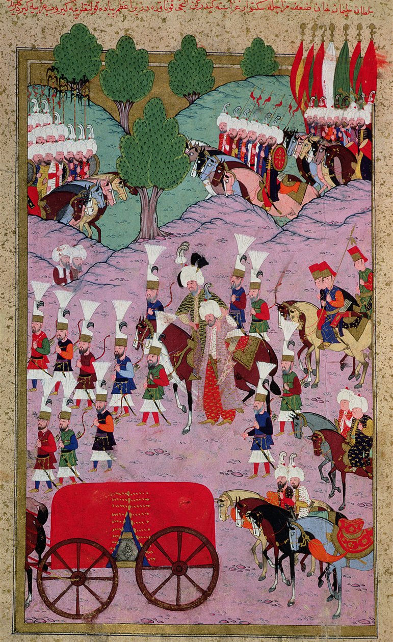 TSM H.1524 &39;Hunername&39;: O Exército de Suleyman, o Magnífico (1494-1566) Partindo para a Europa, do &39;Livro de Excelência&39; de Lokman, 1588 de Islamic School