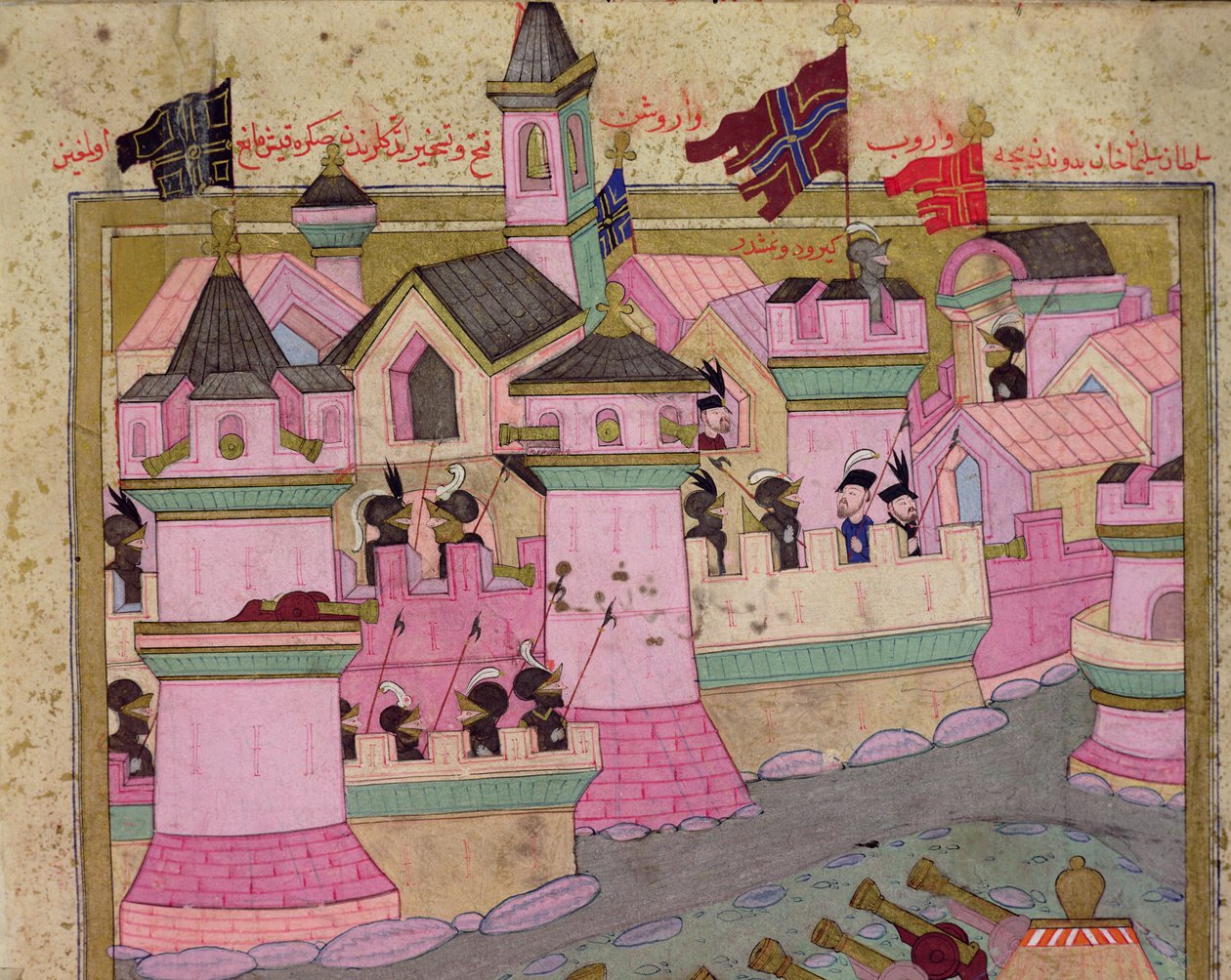 TSM H.1524 Cerco de Viena por Suleyman I (1494-1566) o Magnífico, em 1529, do &39;Hunername&39; por Lokman, detalhe de Viena, 1588 de Islamic School