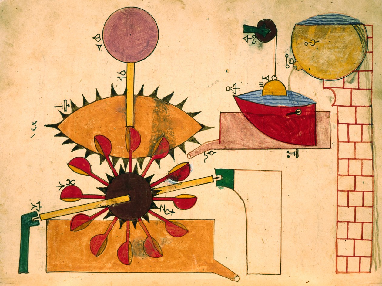 Relógio operado a água, miniatura, arte islâmica de Islamic School