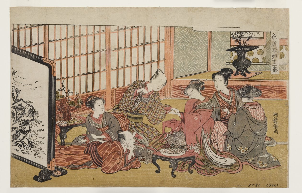 Banquete em uma casa rica, 1770-74 (xilogravura) de Isoda Koryusai