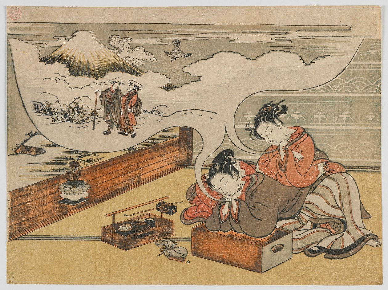 Sonhando em Caminhar perto de Fuji, período Edo, 1770-73 (impressão em xilogravura a cores) de Isoda Koryusai
