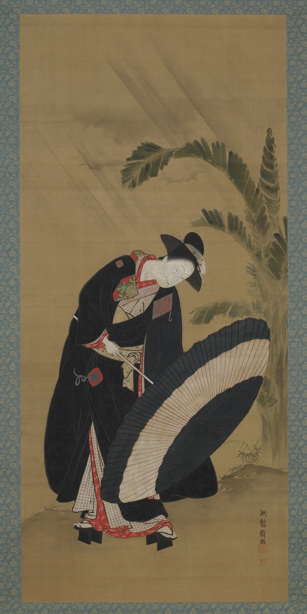 Verão: uma jovem colocando um guarda-chuva, período Edo, c.1772-80 (cor e ouro em seda) de Isoda Koryusai