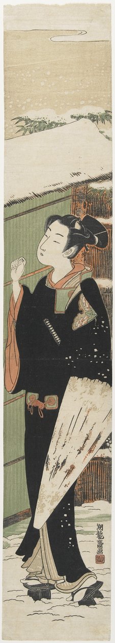 Jovem, homem, em, um, portão, como, um, Mitate, de, a, Kabuki, jogar, mulheres, versão, de, árvore potted, 1770-1775 de Isoda Koryusai