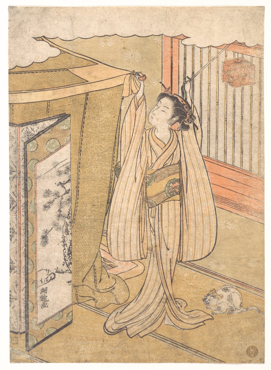 Uma rapariga pendura um mosquiteiro sobre a sua cama de Isoda Koryusai