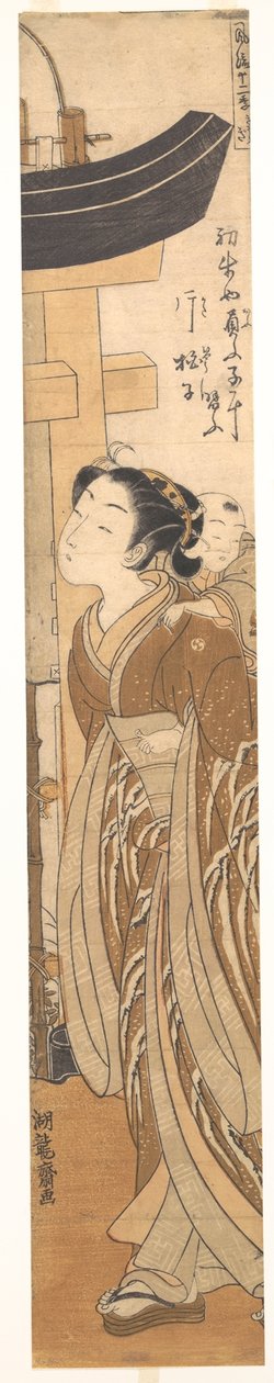 Eine Frau mit einem Kind auf dem Rücken nahe dem Eingang zu einem Tempel de Isoda Koryusai