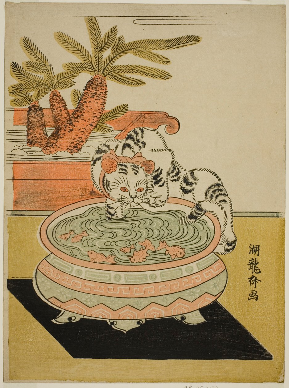 Cat Pawing em Goldfish de Isoda Koryusai