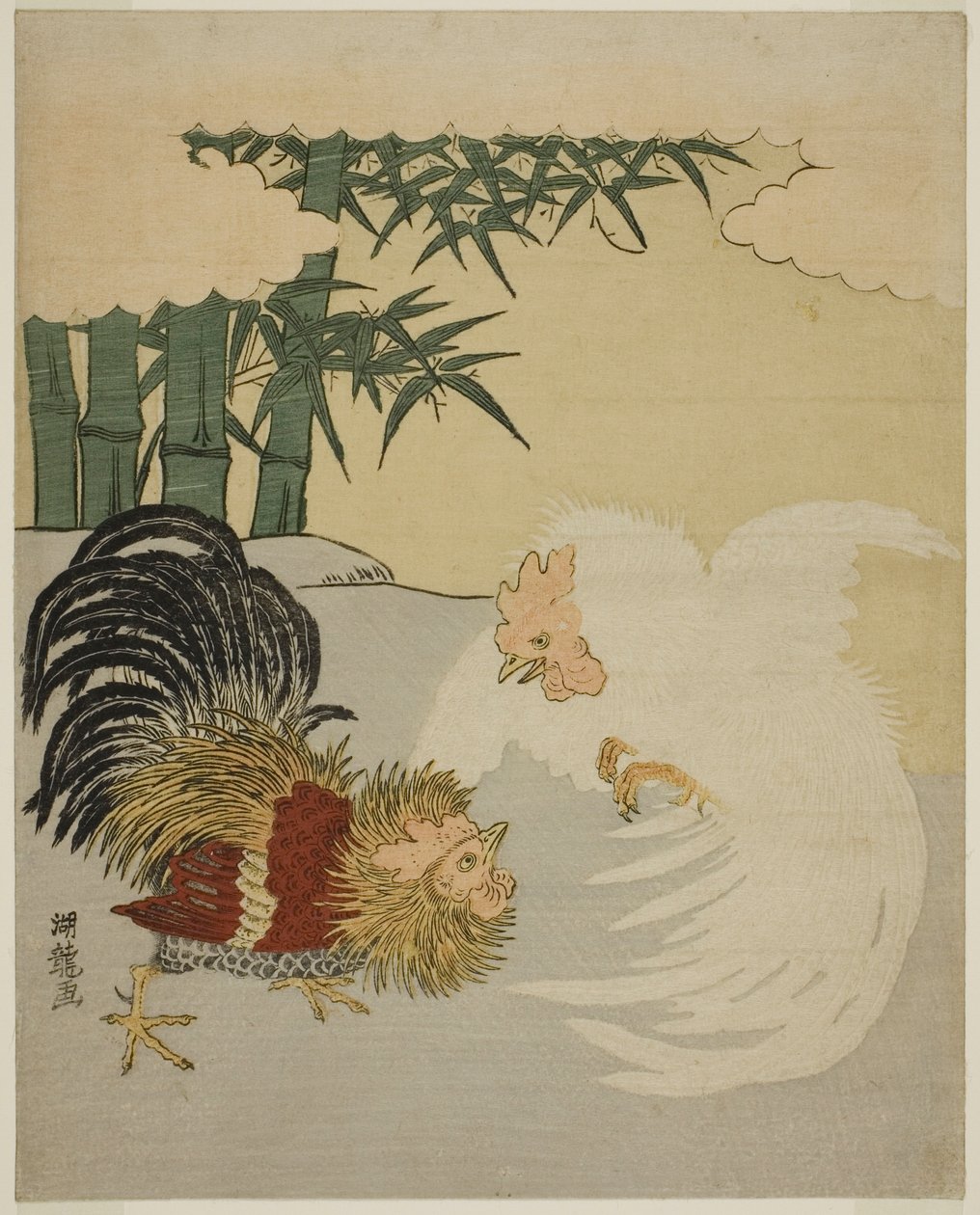 Cocks Fighting perto de Bamboo Grove de Isoda Koryusai