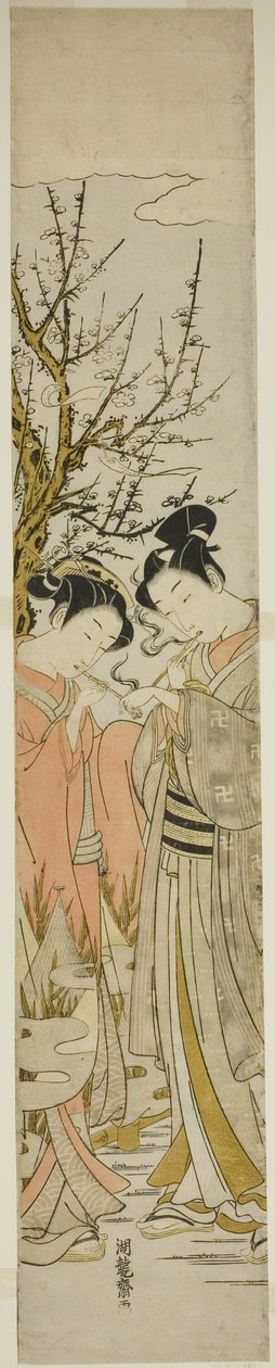 Tubos de iluminação de casal sob uma ameixeira de Isoda Koryusai