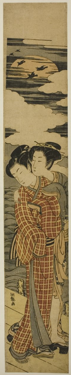 Casal de pé em um cais abraçando em uma noite de luar de Isoda Koryusai