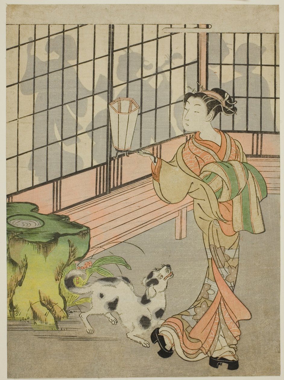 Cortesã olhando para trás em sombras no Shoji de Isoda Koryusai