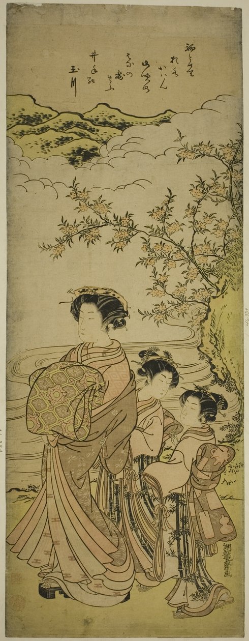Cortesã e dois atendentes desfilando por um córrego de Isoda Koryusai