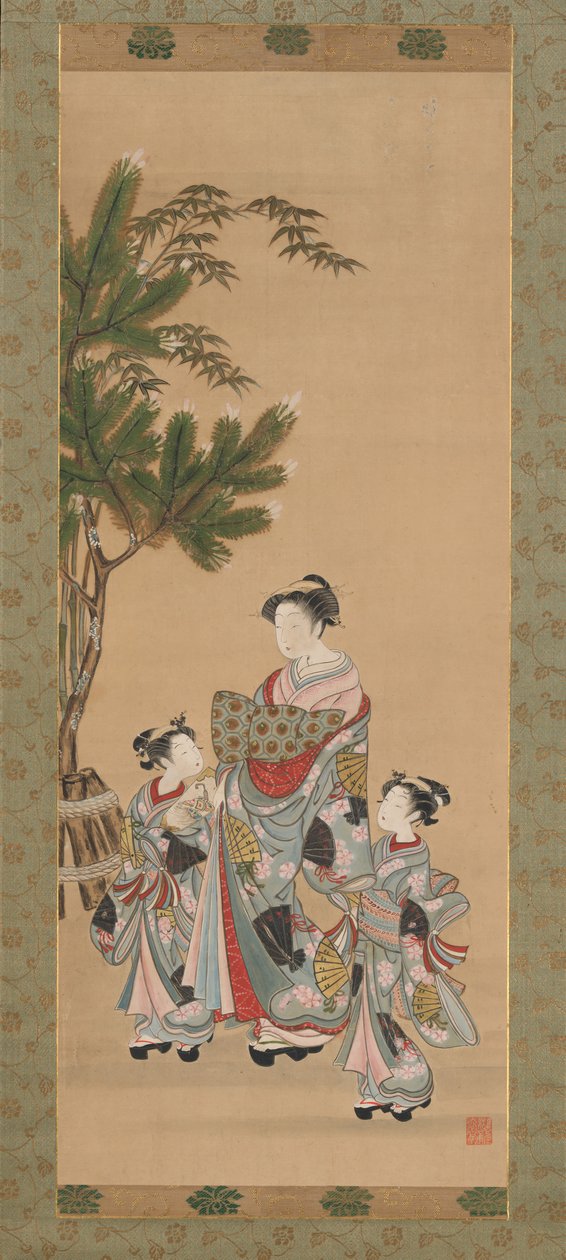 Cortesã e dois atendentes no dia de ano novo, ca. década de 1780. de Isoda Koryusai