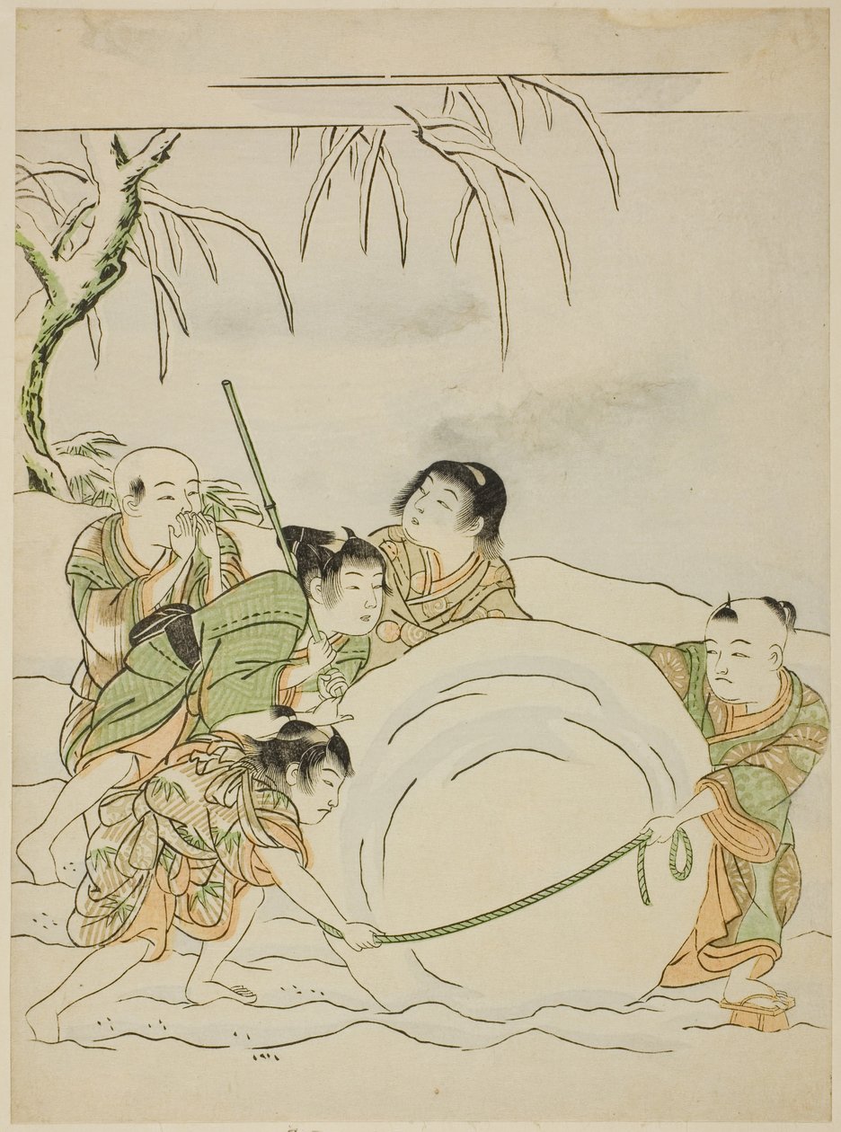 Cinco meninos rolando uma grande bola de neve de Isoda Koryusai