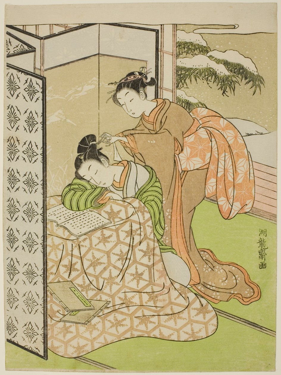 Garota pregando peças em um jovem que está cochilando de Isoda Koryusai