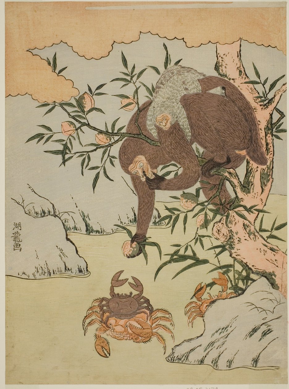 Macaco brincando com caranguejos de Isoda Koryusai