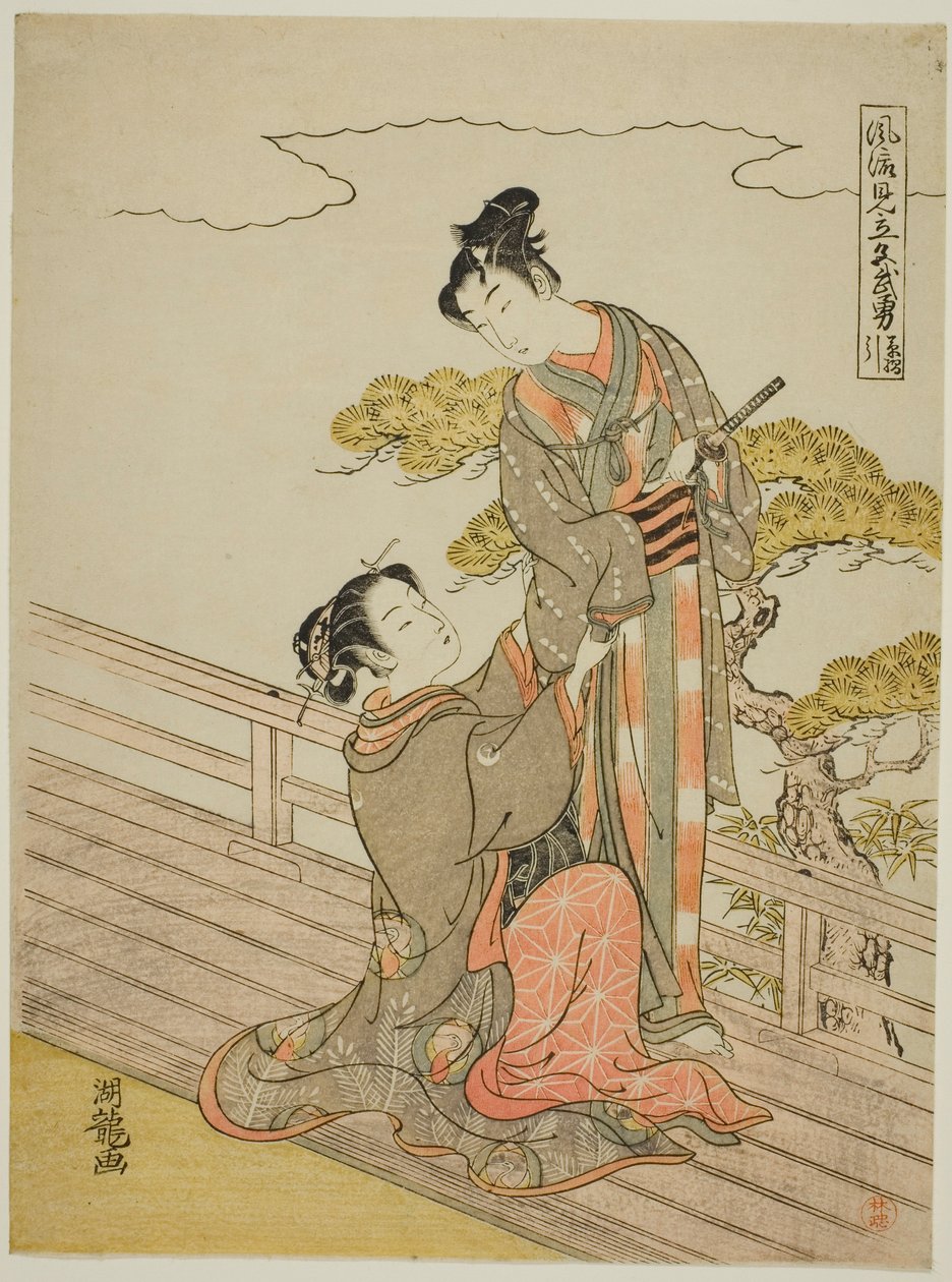Paródia da cena de puxar a armadura (Kusazuribiki), da série "Fashionable Parodies of Bravery in Love (Furyu mitate iro-buyu)" de Isoda Koryusai