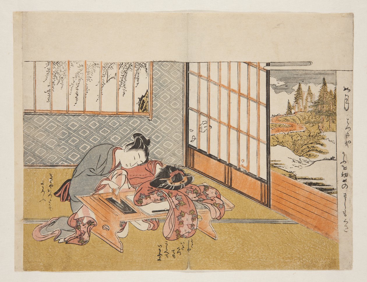 Prosperous Flowers of the Elegant Twelve Months (Furyu juniki no eiga) (impressão a cores de bloco de madeira) de Isoda Koryusai