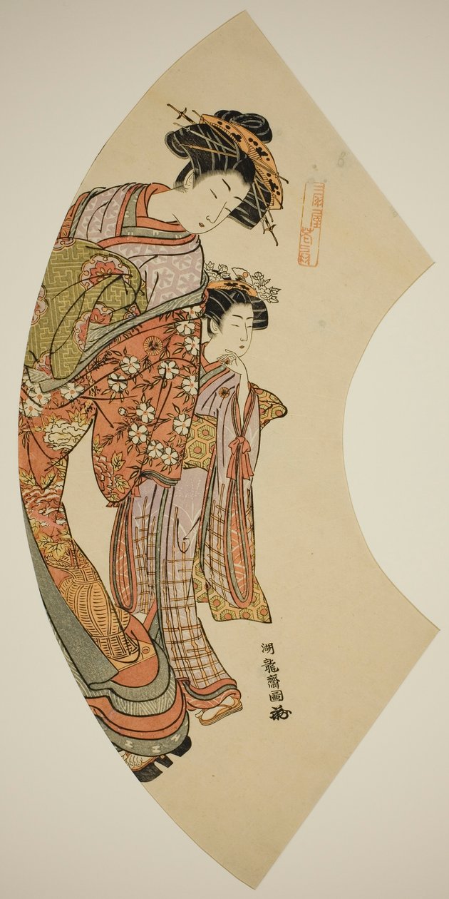 A cortesã Hanaogi do Ogiya e seu atendente, da série "Fãs do Oriente (Azuma ogi)" de Isoda Koryusai