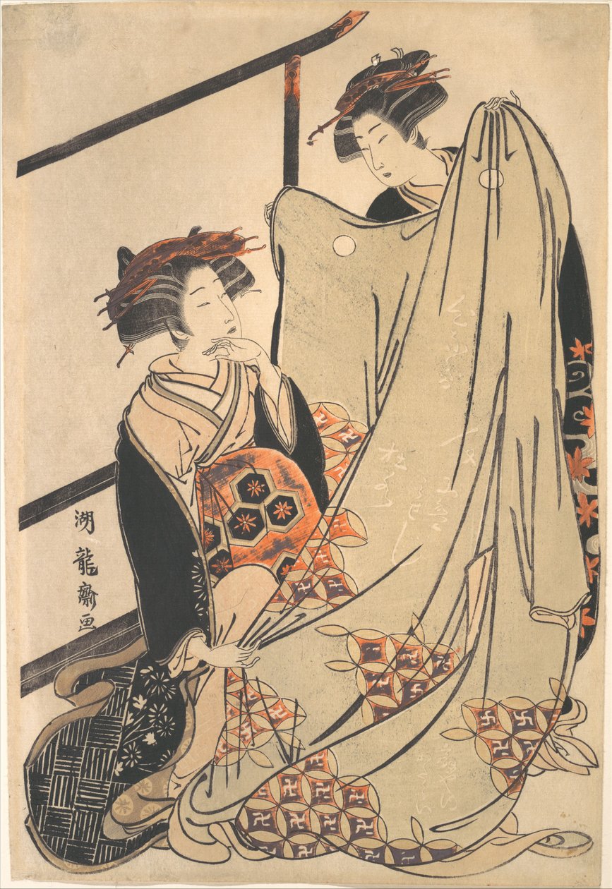 Duas beldades a olhar para um quimono de Isoda Koryusai