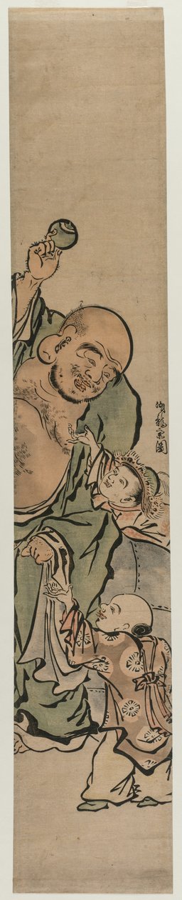 Dois filhos implorando a Hotei por uma jóia, c. 1770s. de Isoda Koryusai