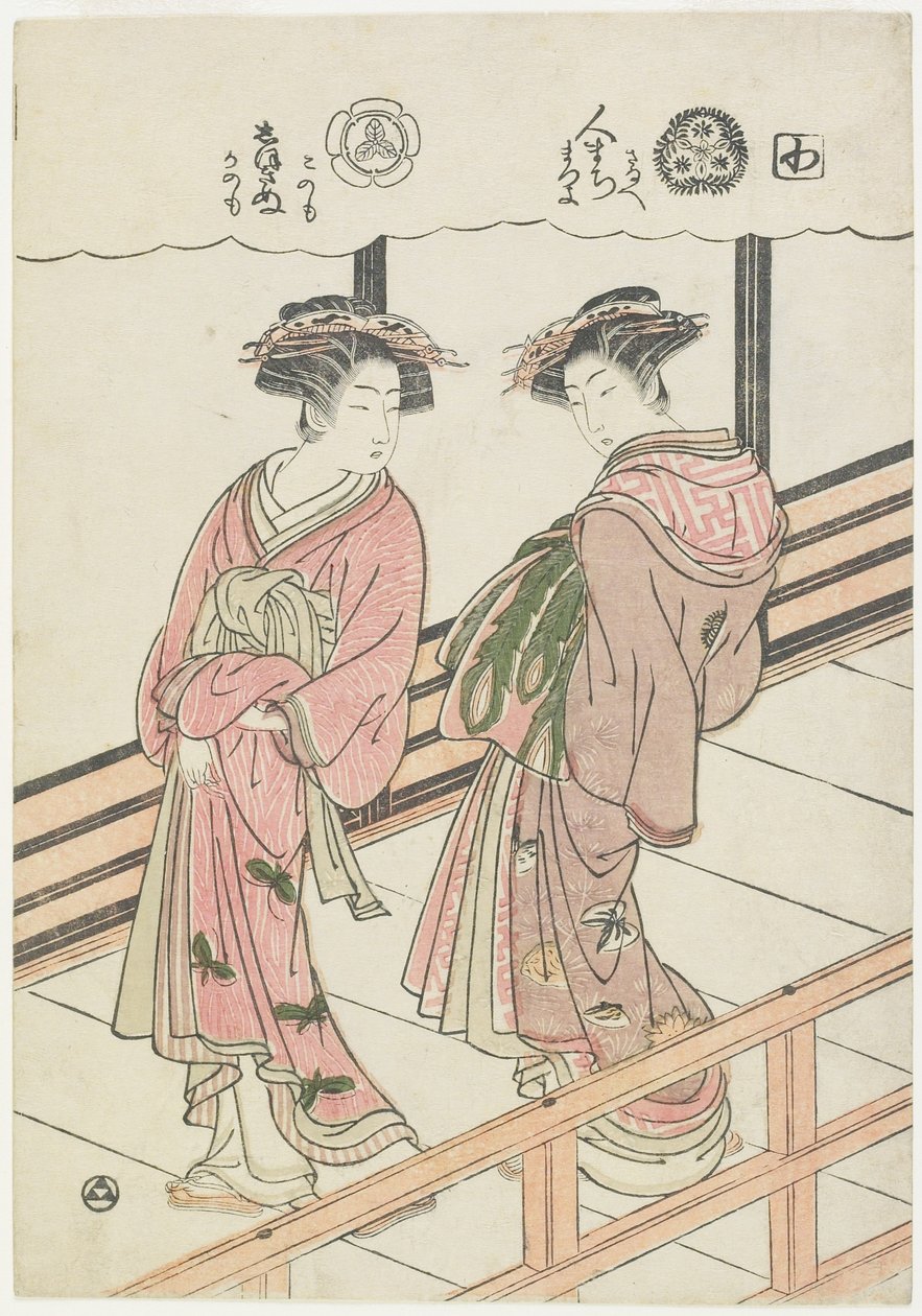 Duas cortesãs em uma varanda, 1777 (impressão do woodblock da cor) de Isoda Koryusai