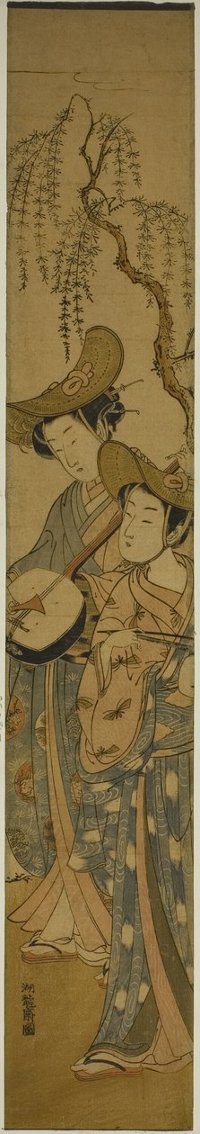 Dois músicos itinerantes sob um salgueiro de Isoda Koryusai