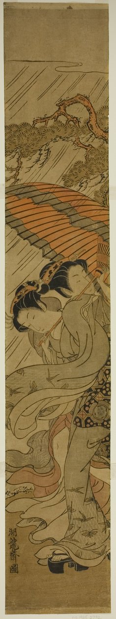 Duas moças com guarda-chuva apanhadas na tempestade de Isoda Koryusai