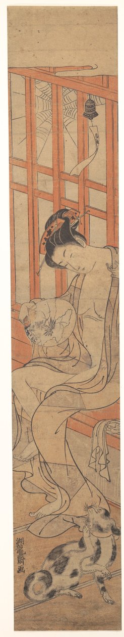 Frau fächert sich nach dem Bad de Isoda Koryusai