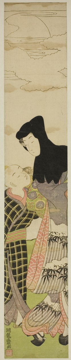 Mulher de capuz preto fala com menino de Isoda Koryusai