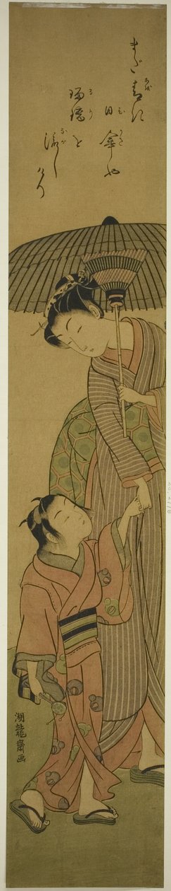Mulher e criança sob um guarda-sol de Isoda Koryusai