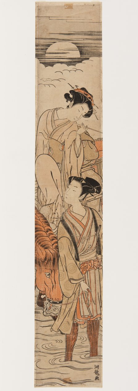 Young Couple Crossing a River in Moonlight (impressão em bloco de madeira a cores) de Isoda Koryusai
