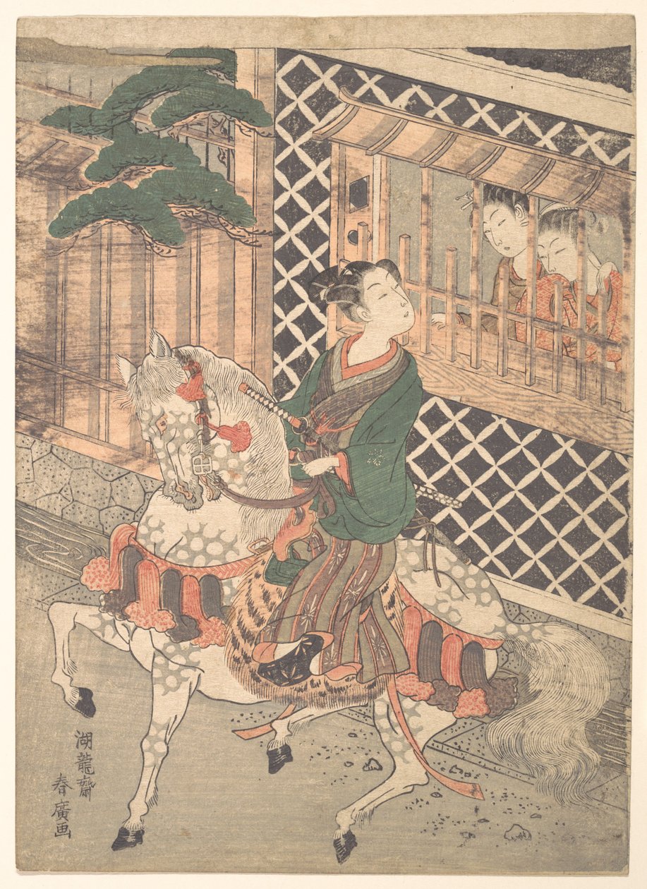 Jovem samurai a cavalo e mulheres a uma janela de Isoda Koryusai