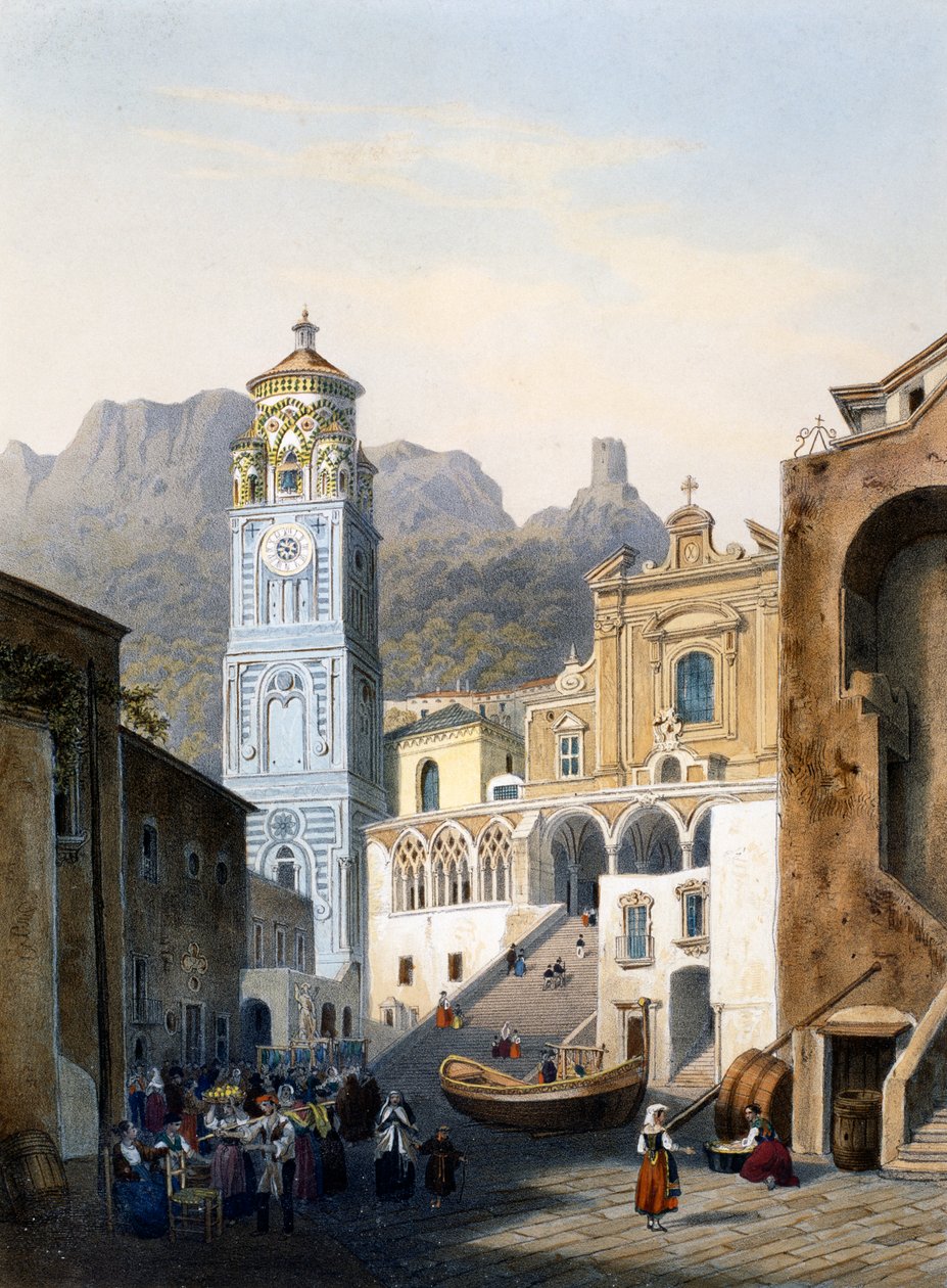 Catedral de Amalfi com fachada antiga (cor litho) de Isodore Laurent Deroy