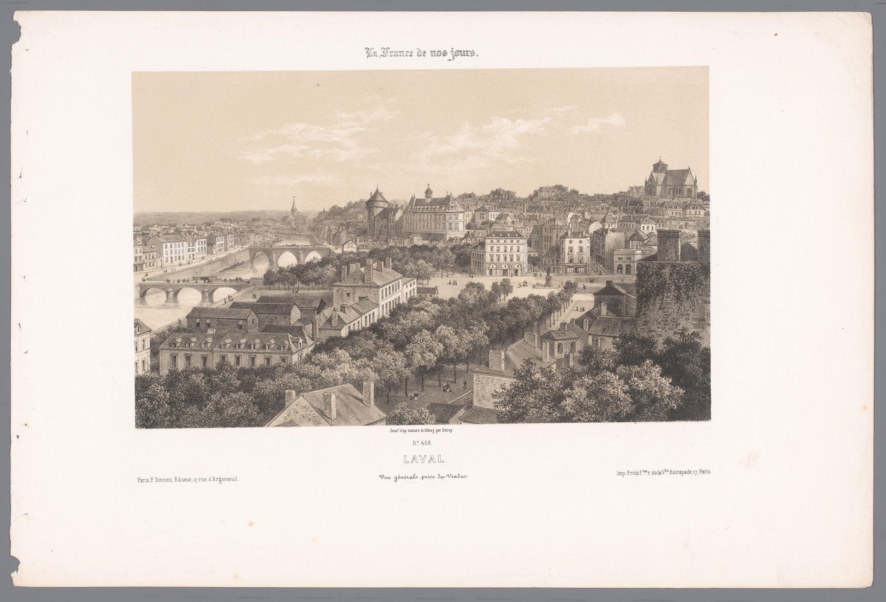 Vista de Laval do viaduto lava. Vue générale Prize du Viaduc (título no objeto) França contemporânea (título da série) La France de nos jours (título da série no objeto) de Isodore Laurent Deroy