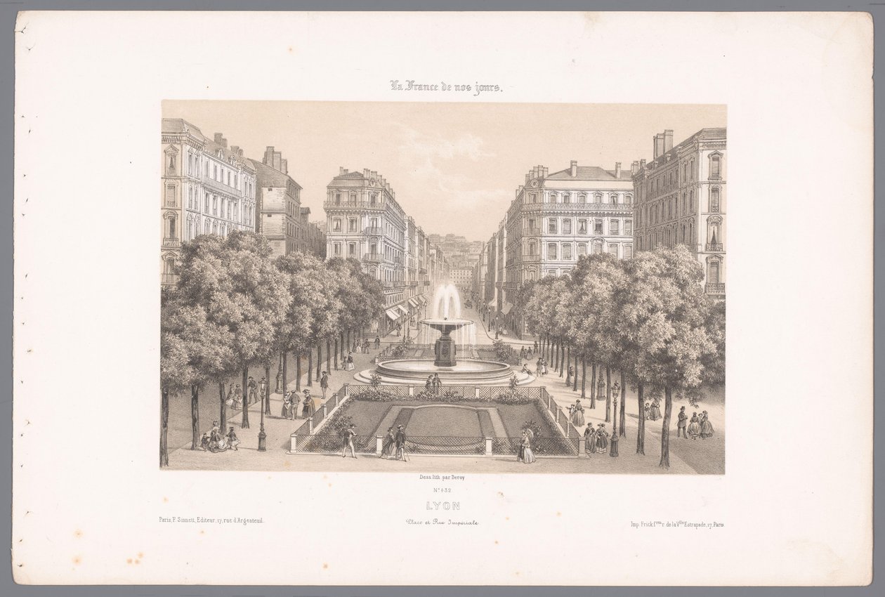 Zicht op de Place en de Rue Impériale te Lyon
Lyon. Place et Rue Impériale (título sobre o objecto)
Hedendaags Frankrijk (título da série)
La France de nos jours (título da série sobre o objecto) de Isodore Laurent Deroy