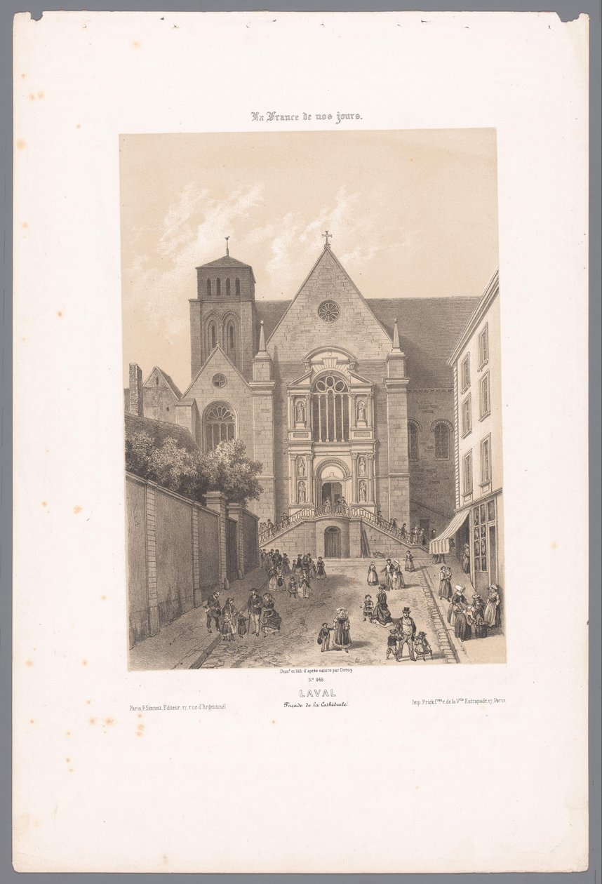 Vista da Catedral de Sainte-Trinité em Laval lava. Façade de la Cathédrale (título no objeto) França contemporânea (título da série) La France de nos jours (título da série no objeto) de Isodore Laurent Deroy