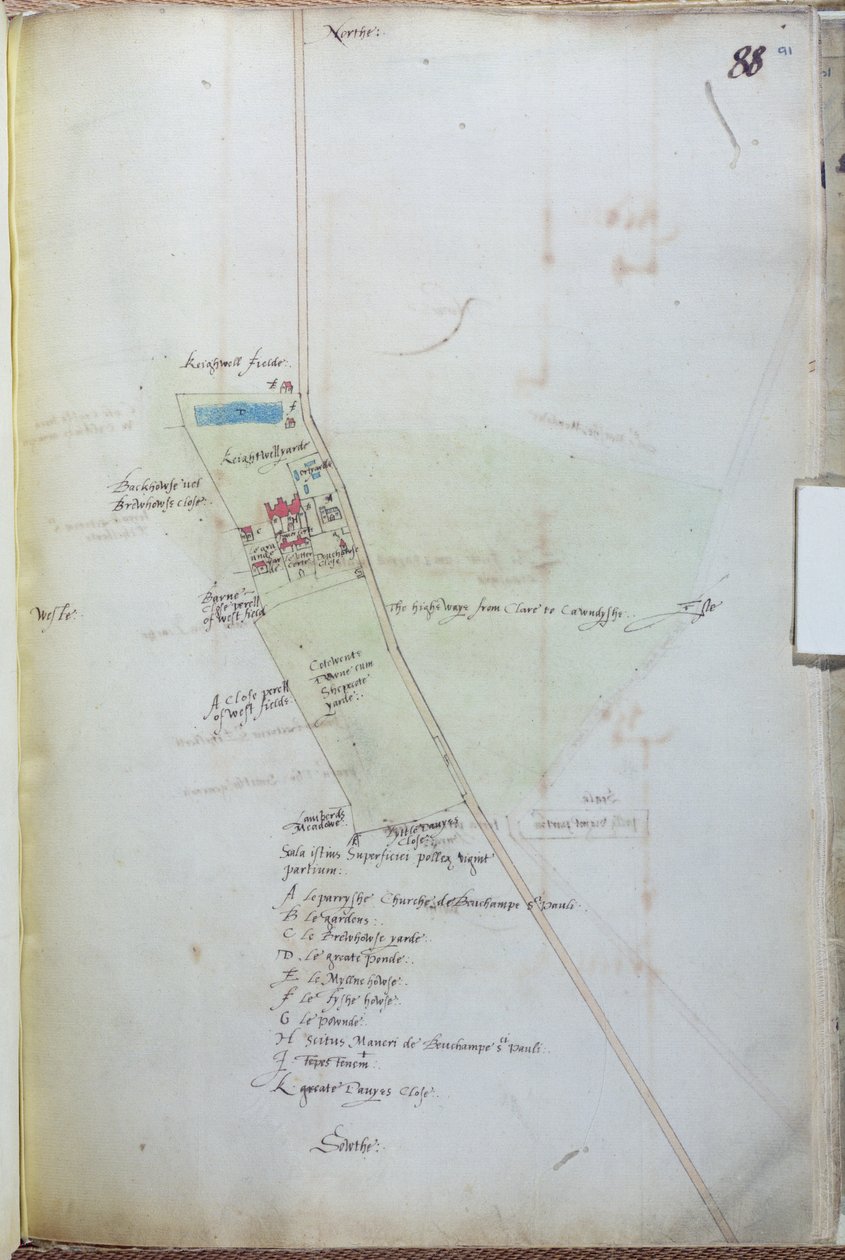 Ms 255171 fol.88 Mapa da aldeia de Belchamp St. Paul, 1576 caneta e tinta e wc em papel de Israel Amyce