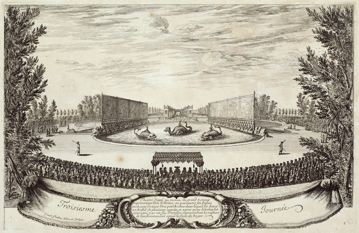 Palco na Lagoa Grande representando a Ilha de Alcino, terceiro dia de &39;Les Plaisirs de l&39;Île Enchantee&39;, 9 de maio de 1664 de Israël Silvestre the Younger