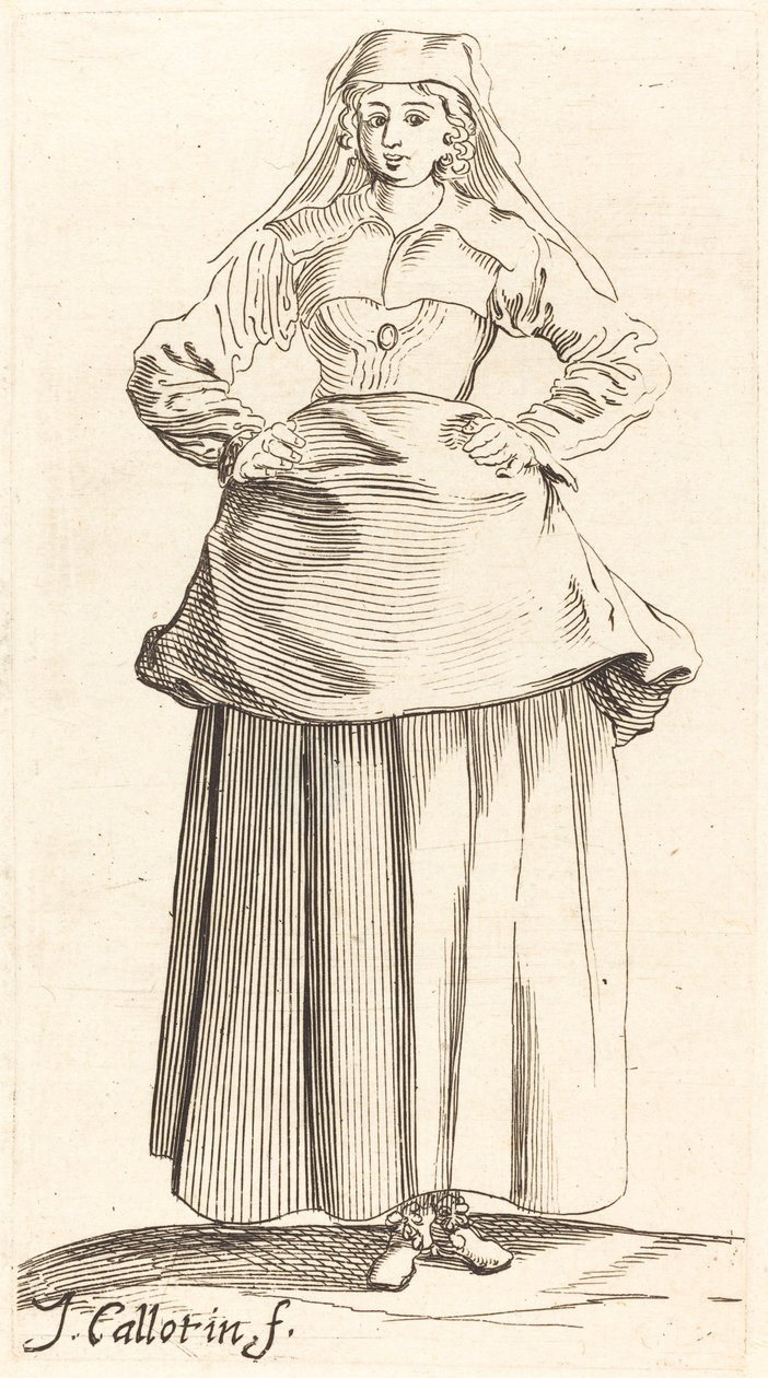 Mulher jovem com as mãos nos quadris, vista frontal de Israel Henriet after Jacques Callot
