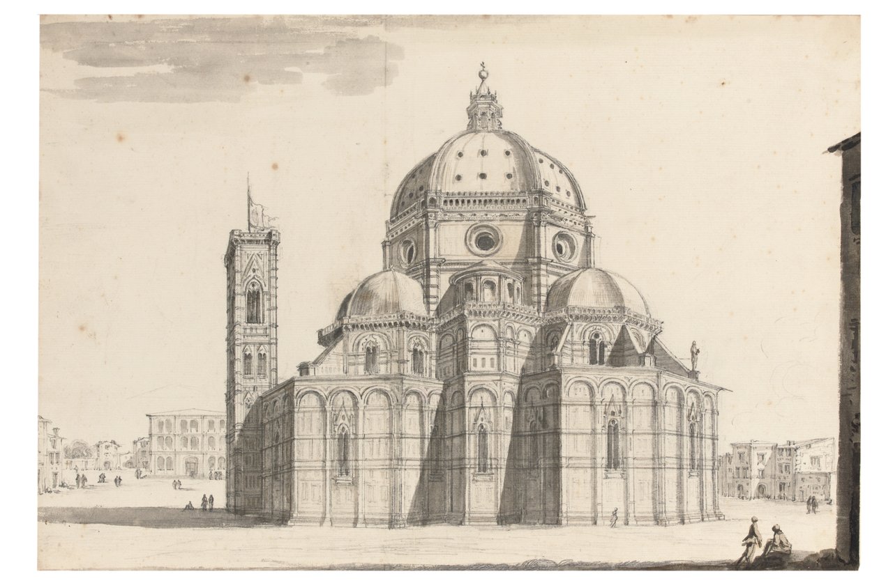 O Duomo e Campanile, Florença (giz preto, caneta e tinta cinza, lavagem marrom e cinza em papel com dispositivo de marca d&39;água) de Israel the Younger Silvestre